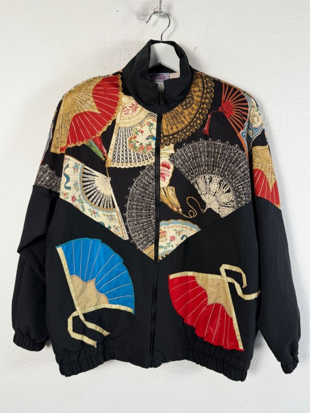 Southern Stitches Jacket Women's Vintage Fan Print Applique Zip Up Bomber Small